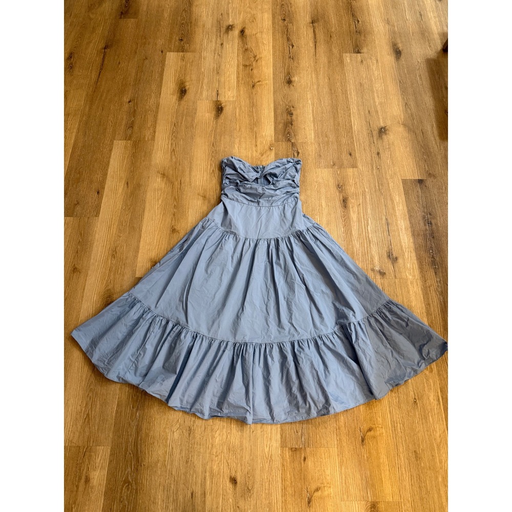 Vici Strapless Dress Women Medium Blue Tiered Cotton Twist Front Midi
